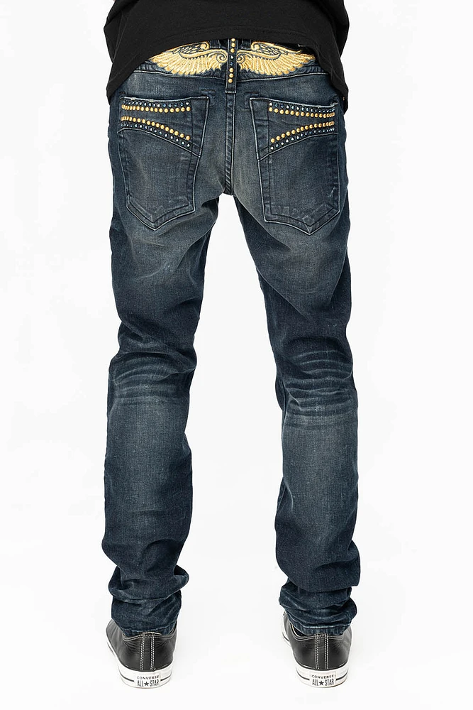 SKINNY MENS JEANS 4 D DARK BLUE WASH WITH SAPPHIRE CRYSTALS AND GOLD NAILHEAD