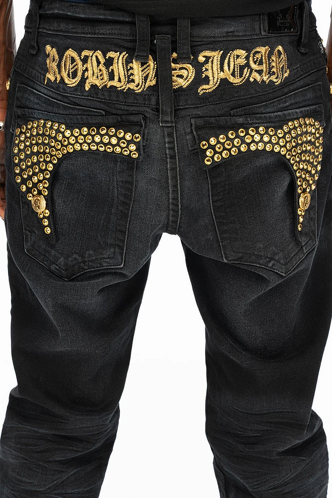 KILLER FLAP SKINNY MENS JEANS F_UP BLACK WITH FULL GOLD CRYSTALS