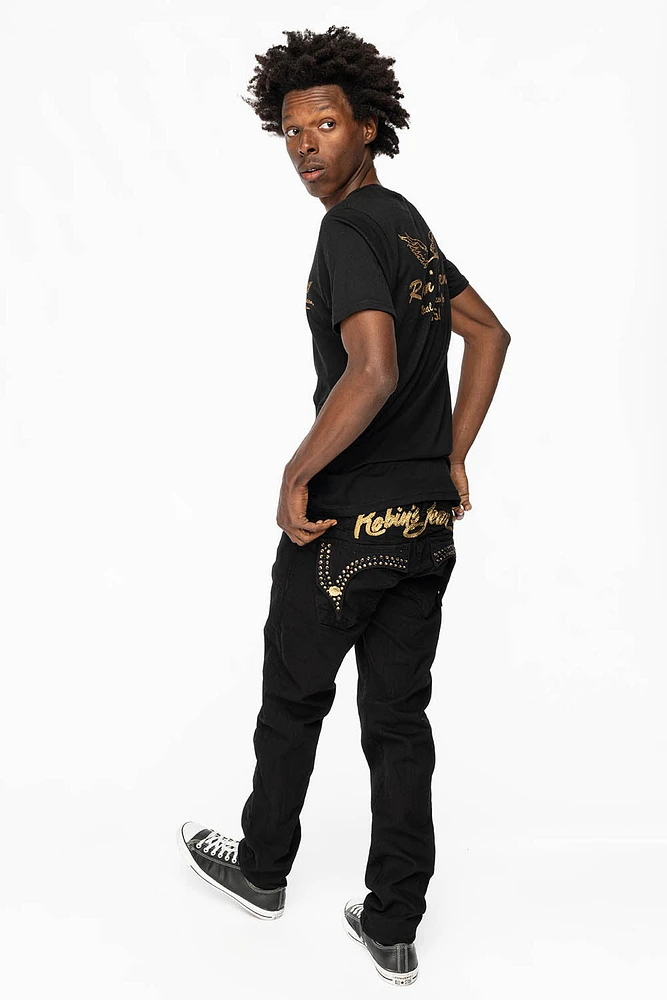 KILLER FLAP MENS SKINNY JEANS PURE BLACK WITH GOLD ROBIN’S LOGO AND CRYSTALS