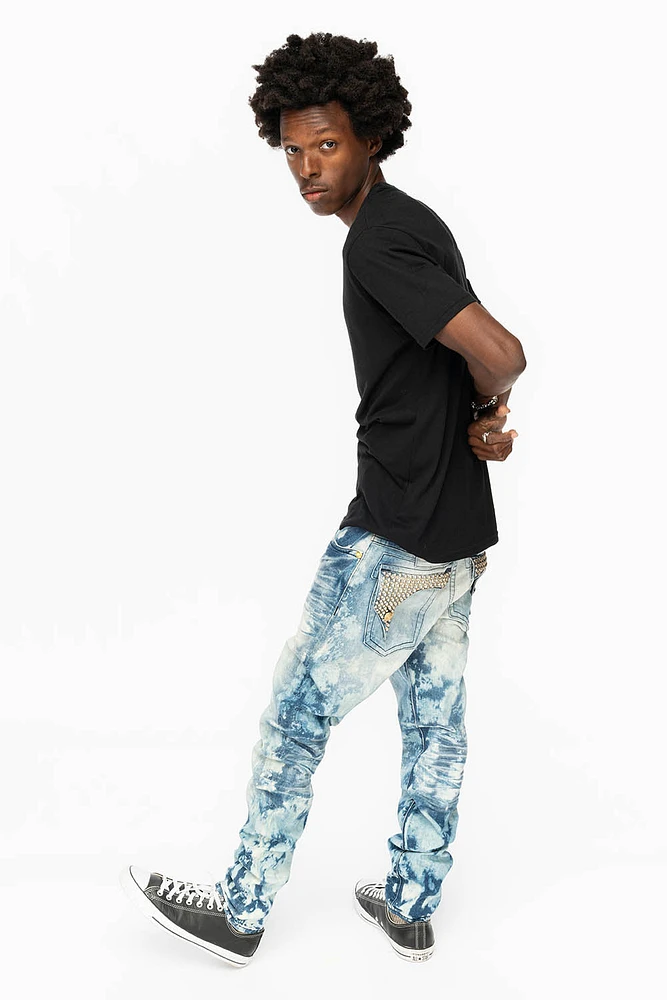 KILLER FLAP MENS SKINNY JEANS CLOUD JAPAN WITH SILVER PYRAMID AND AB CRYSTALS