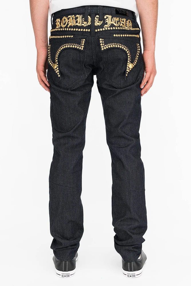 MENS RAW DENIM SLIM FIT KILLER FLAP JEANS WITH O.E. SCRIPT STUDS AND CRYSTALS