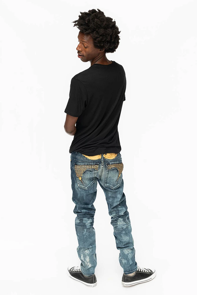 KILLER FLAP MENS SKINNY JEANS NEW JAPAN MEDIUM WASH WITH ANTIQUE BRASS PYRAMID STUDS AND AURUM CRYSTALS