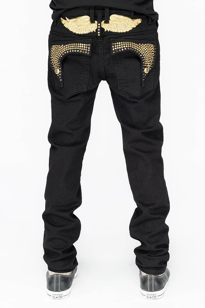 KILLER FLAP MENS SKINNY JEANS PURE BLACK WITH GOLD WINGS AND FULL CRYSTAL