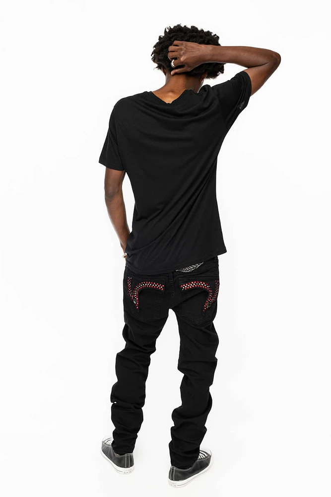 KILLER FLAP MENS SKINNY JEANS BLACK COLOR WASH WITH RED AND JET CRYSTALS