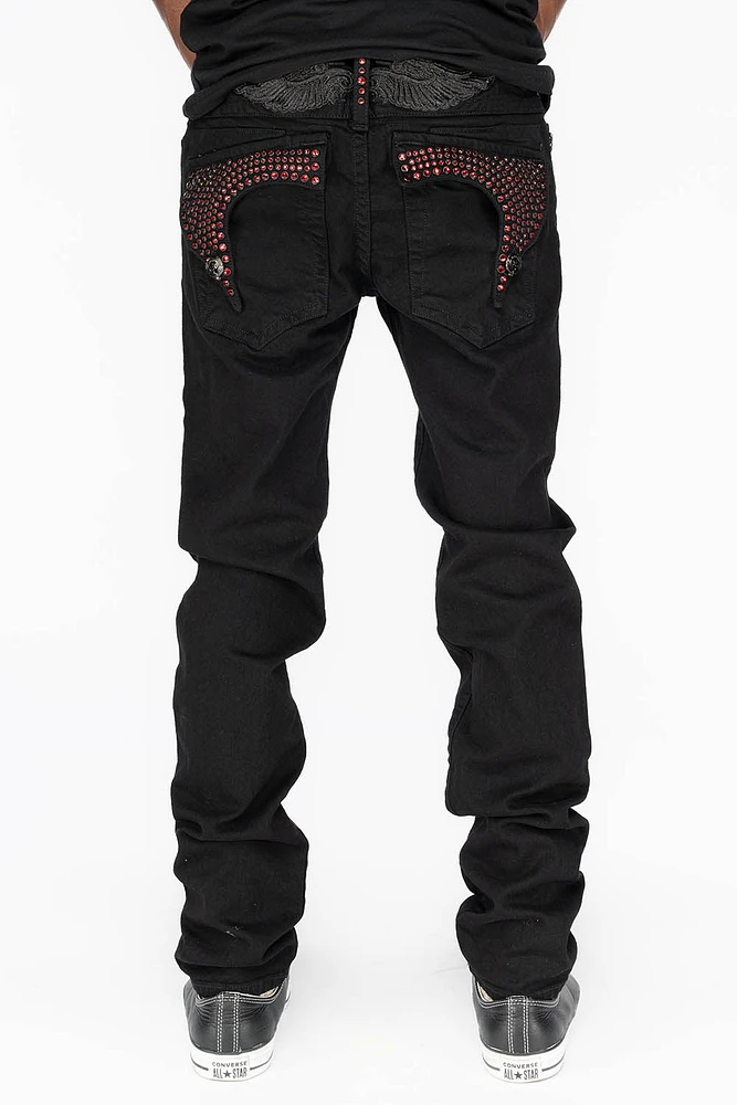 KILLER FLAP MENS SKINNY JEANS PURE BLACK WITH BLK TONAL WINGS AND FULL RED CRYSTALS