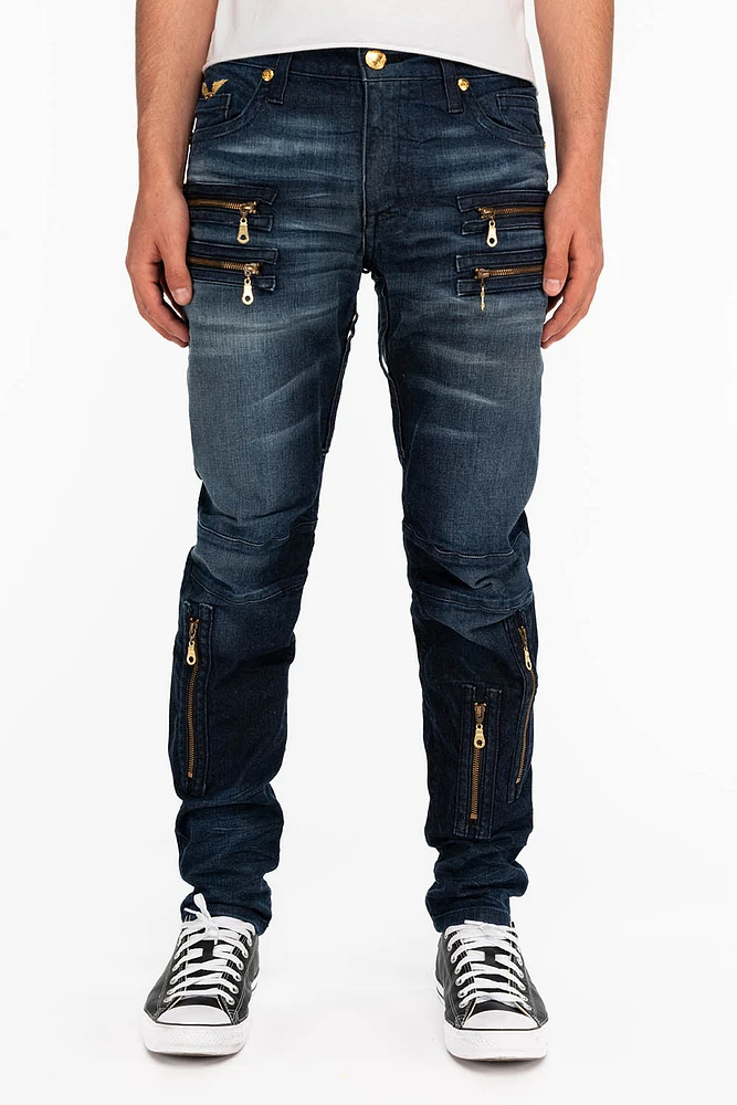 MENS NEW BIKER SKINNY JEANS LIBERTY DARK BLUE WITH GOLD WINGS