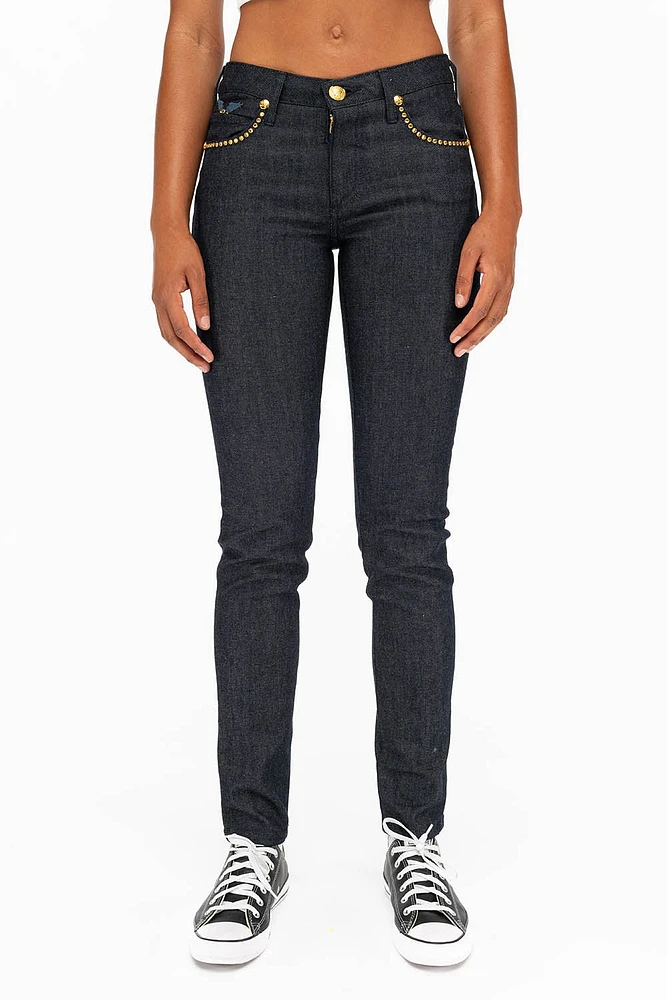 WOMENS CLASSIC 5 POCKET SKINNY JEANS WITH GOLD CRYSTALS RAW