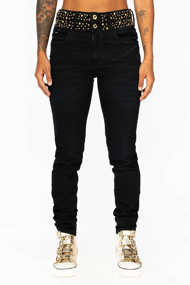 ROBIN'S DOUBLE WAIST SKINNY JEAN F-UP BLACK WITH CRYSTALS, SPIKES & NAILHEADS