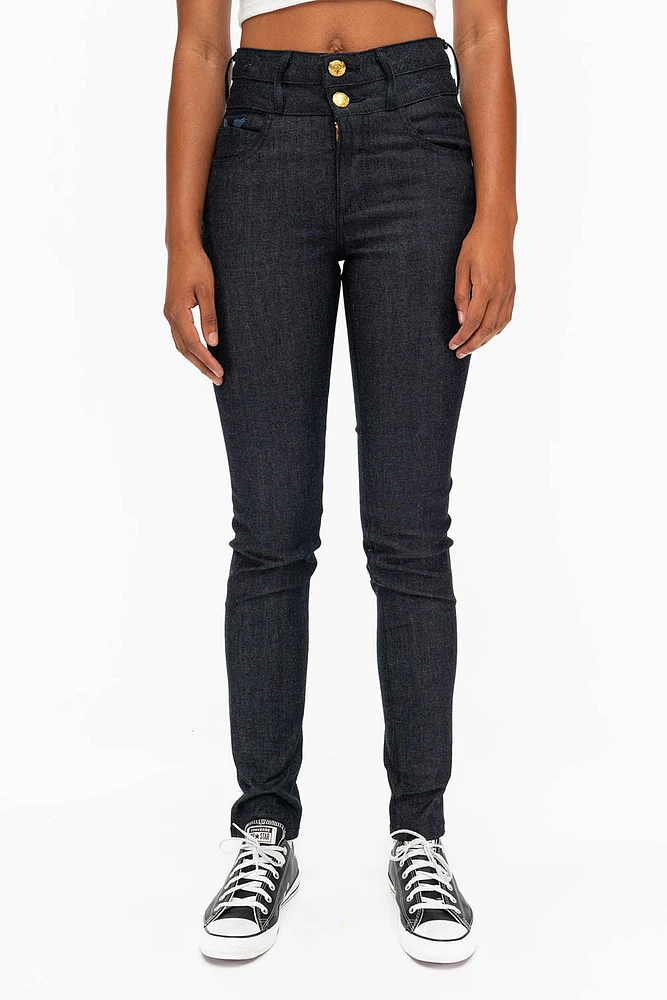 WOMENS DOUBLE WAISTBAND HIGH RISE SKINNY JEANS RAW