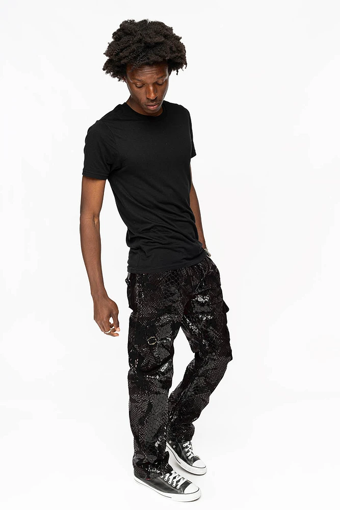 ROBINS NEW MILITARY STYLE CARGO PANTS LIZARD BLACK WITH EMBROIDERY