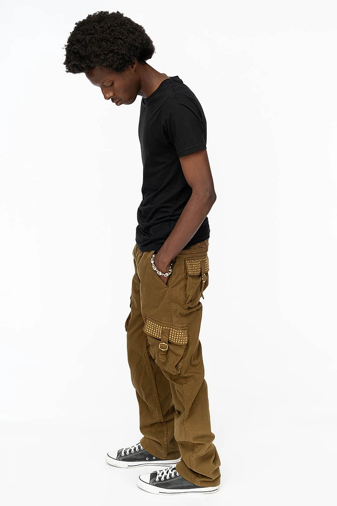 ROBINS NEW MILITARY STYLE CARGO PANTS OLIVE WITH SMOKY TOPAZ CRYSTALS