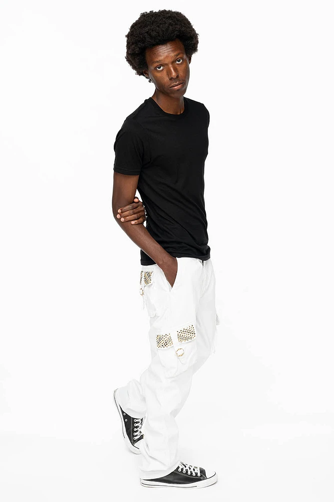 ROBINS NEW MILITARY STYLE CARGO PANTS WHITE WITH BLK DIAMOND AND AURUM CRYSTALS