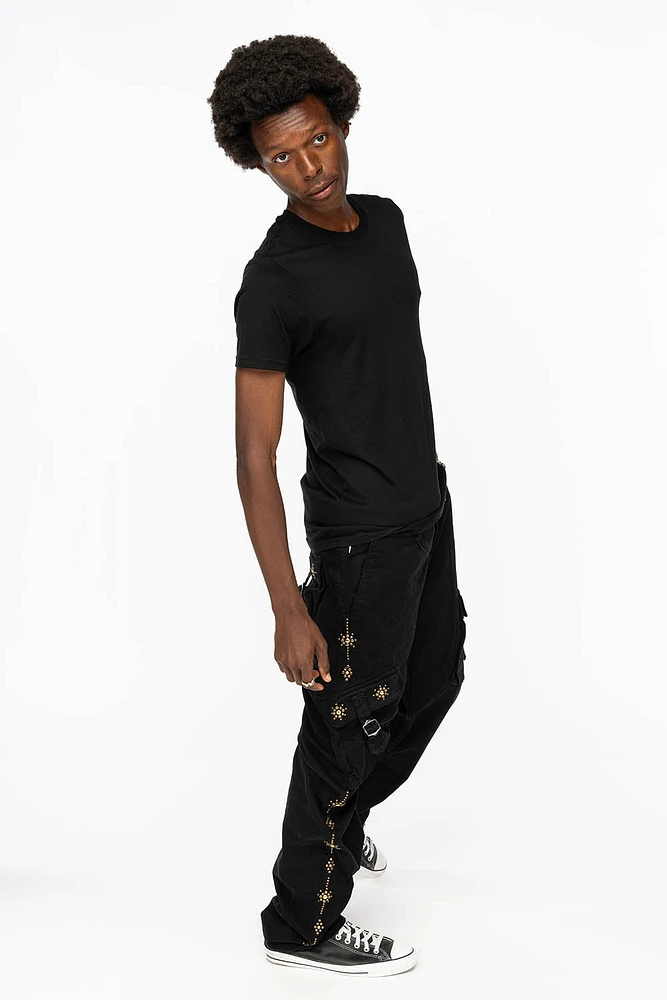 ROBINS NEW MILITARY STYLE CARGO PANTS BLACK WITH GUNSLINGER CRYSTAL MOTIF