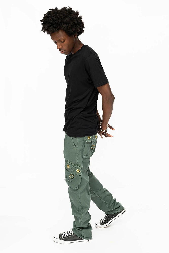 ROBINS NEW MILITARY STYLE CARGO PANTS FOREST WASH WITH GUNSLINGER CRYSTAL MOTIF