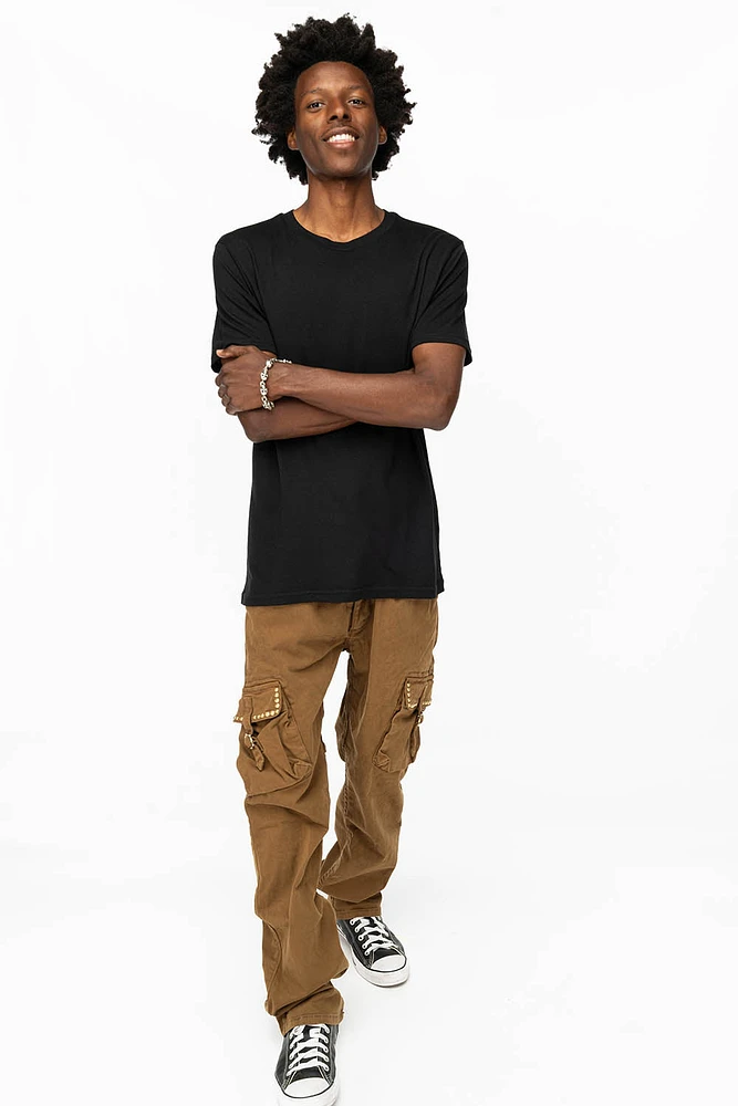 ROBINS NEW MILITARY STYLE CARGO PANTS KANGAROO COLOR WASH WITH NAILHEADS