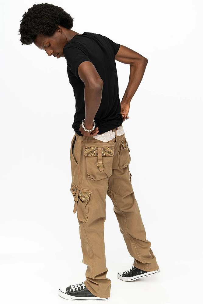 ROBINS NEW MILITARY STYLE CARGO PANTS KHAKI WITH AURUM AND SMOKY TOPAZ CRYSTALS