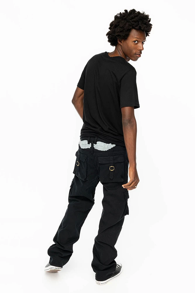 ROBINS NEW MILITARY STYLE CARGO PANTS PURE BLACK WITH EMBROIDERY