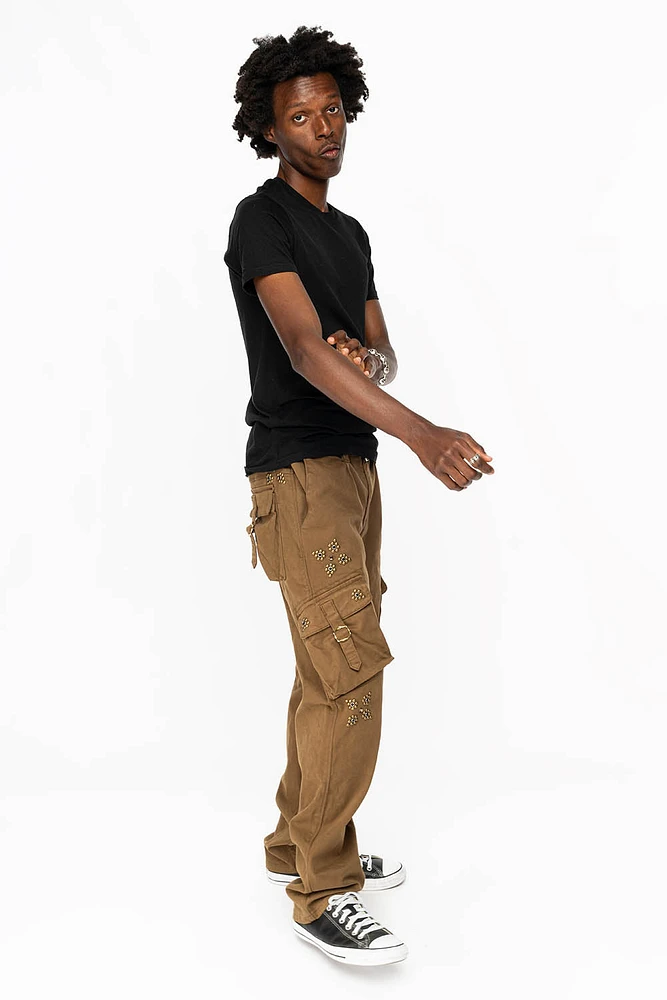 ROBINS NEW MILITARY STYLE CARGO PANTS AVOCADO WITH WESTERN CRYSTAL MOTIF
