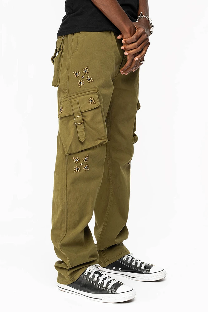 ROBINS NEW MILITARY STYLE CARGO PANTS OLIVE WITH WESTERN CRYSTAL MOTIF
