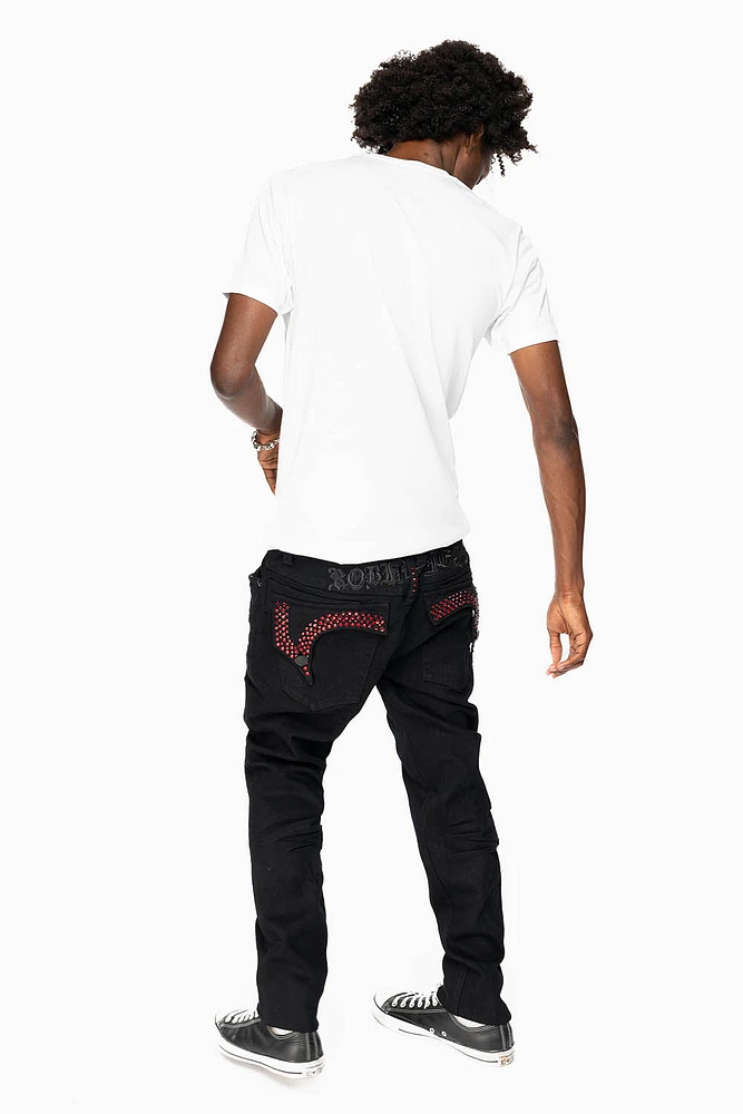 KILLER FLAP MENS SKINNY JEANS PURE BLACK EMBELLISHED WITH RED CRYSTALS
