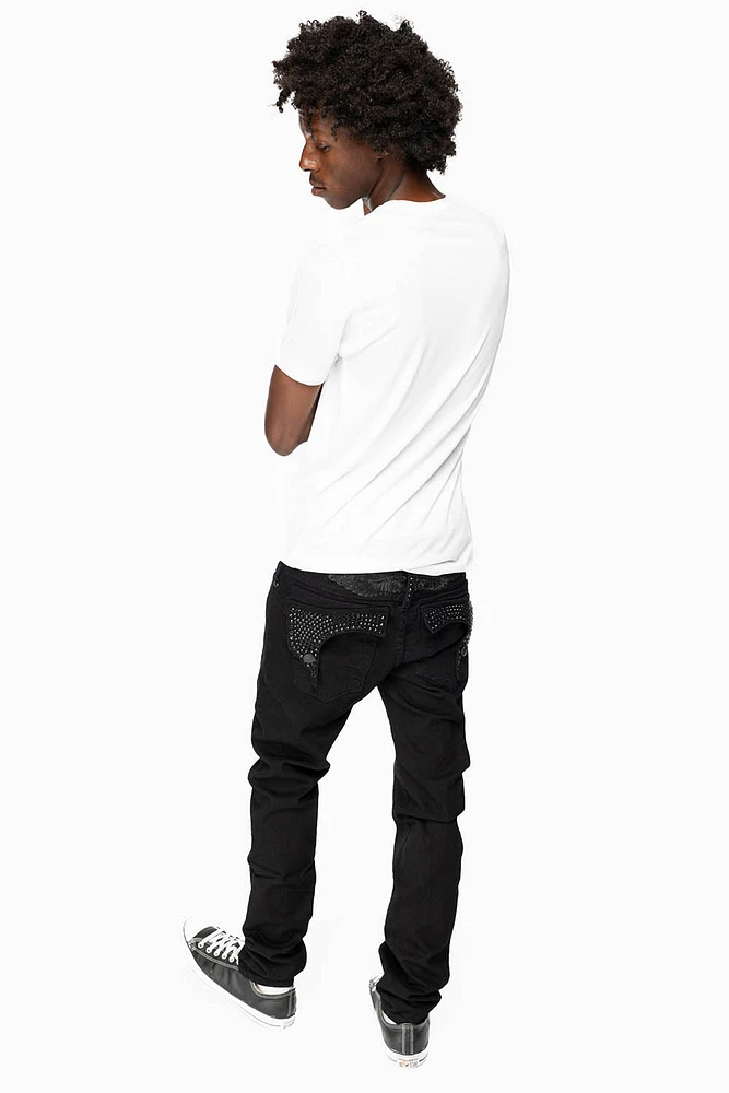 KILLER FLAP MENS SKINNY JEANS PURE BLACK FULLY EMBELLISHED JET BLK CRYSTALS