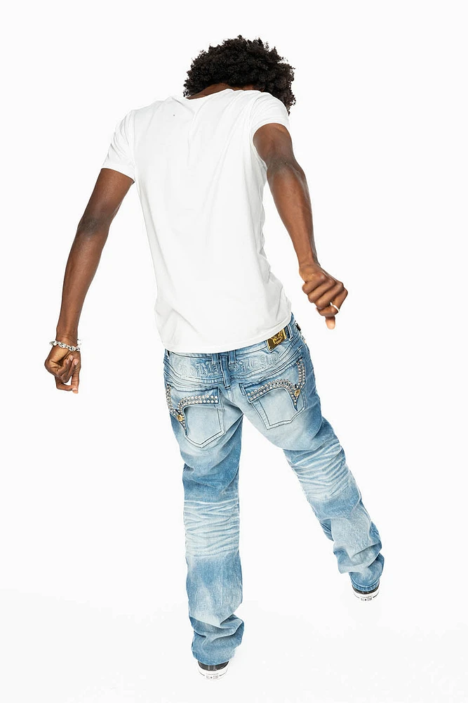 KILLER FLAP MENS STRAIGHT LEG JEAN 5D LIGHT BLUE WASH EMBELLISHED WITH CRYSTALS