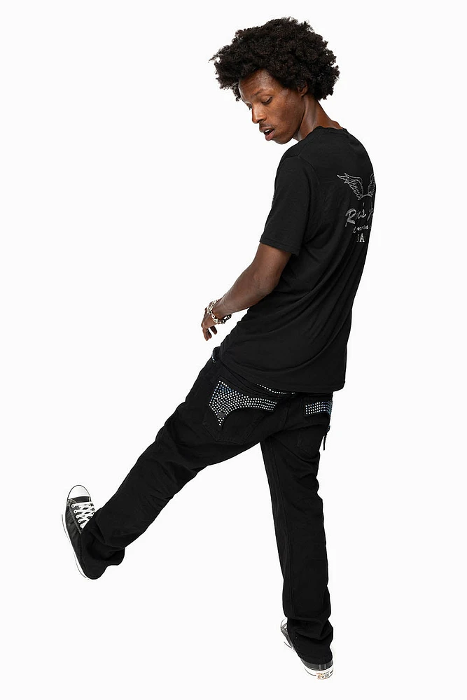 KILLER FLAP MENS STRAIGHT LEG JEAN BLACK FULLY EMBELLISHED WITH SAPPHIRE CRYSTALS