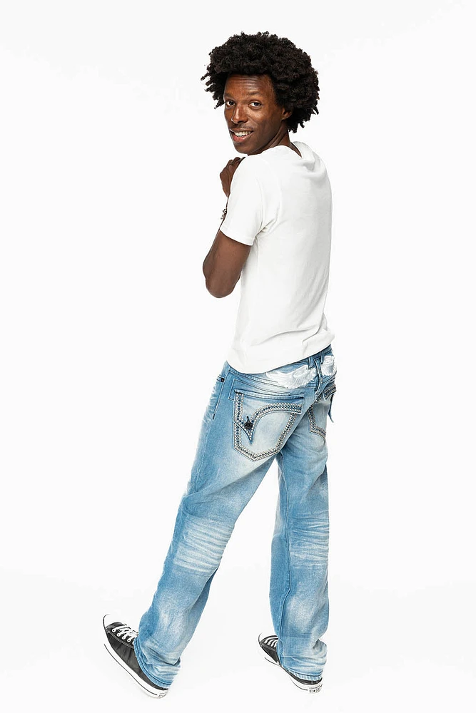 MENS STRAIGHT LEG JEAN OMAHA LIGHT BLUE WASH EMBELLISHED WITH CLEAR AND SAPPHIRE CRYSTALS