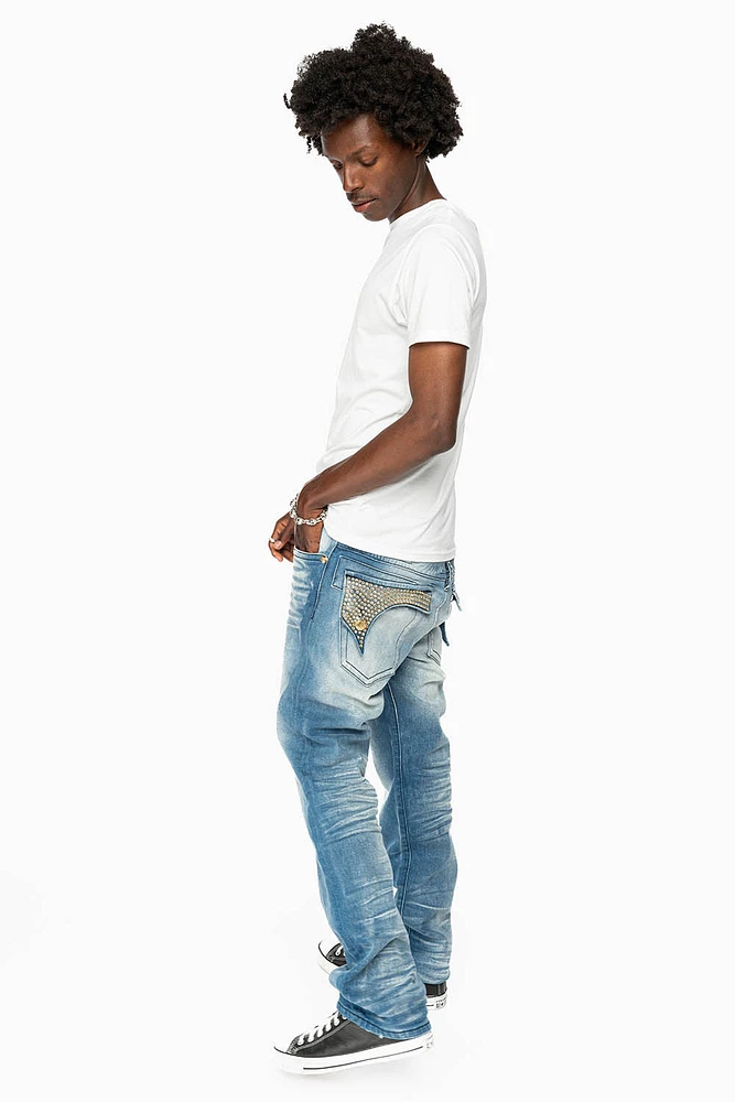 KILLER FLAP MENS STRAIGHT LEG JEAN BLUE OMAHA MED FULLY EMBELLISHED WITH CLEAR CRYSTALS