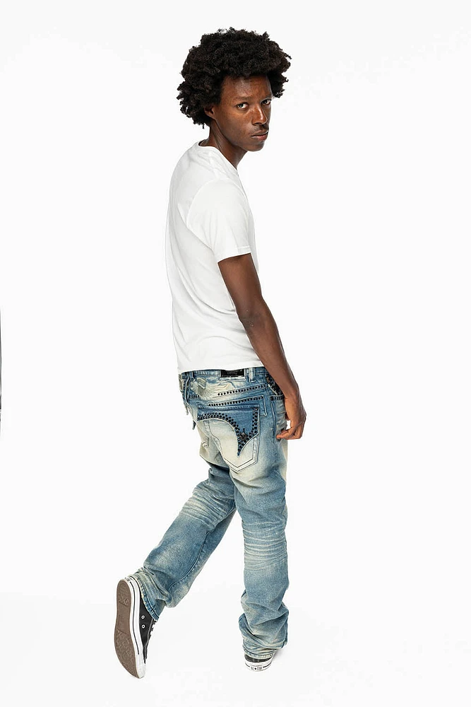 KILLER FLAP MENS STRAIGHT LEG JEAN OMAHA TAN BLUE WASH EMBELLISHED WITH JET BLK CRYSTAL