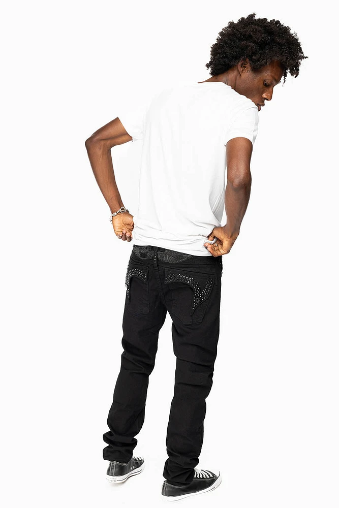 KILLER FLAP MENS SKINNY JEANS BLACK ON WITH CRYSTALS