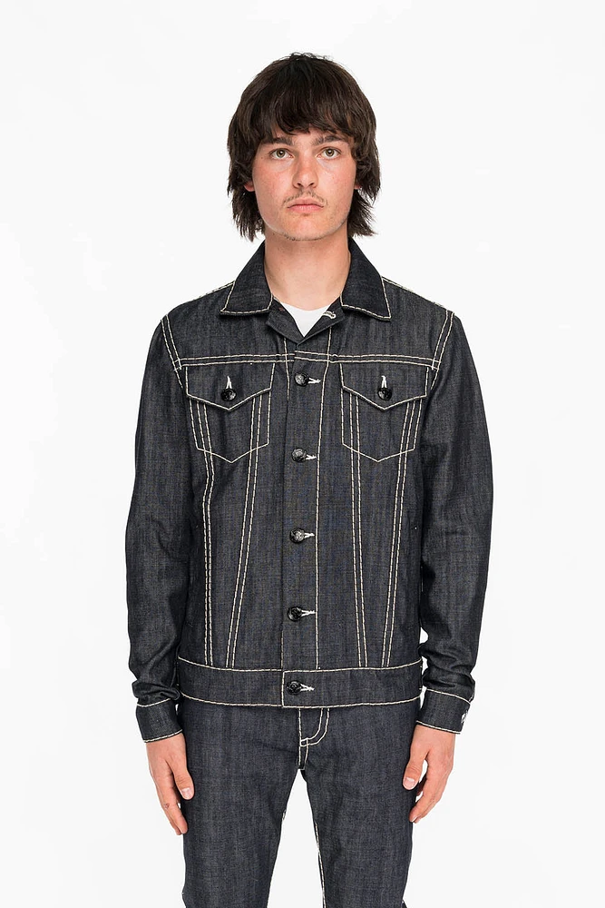 MENS DENIM JACKET RAW WITH HEAVY NATURAL WHITE STITCHING AND EMBROIDERED WINGS