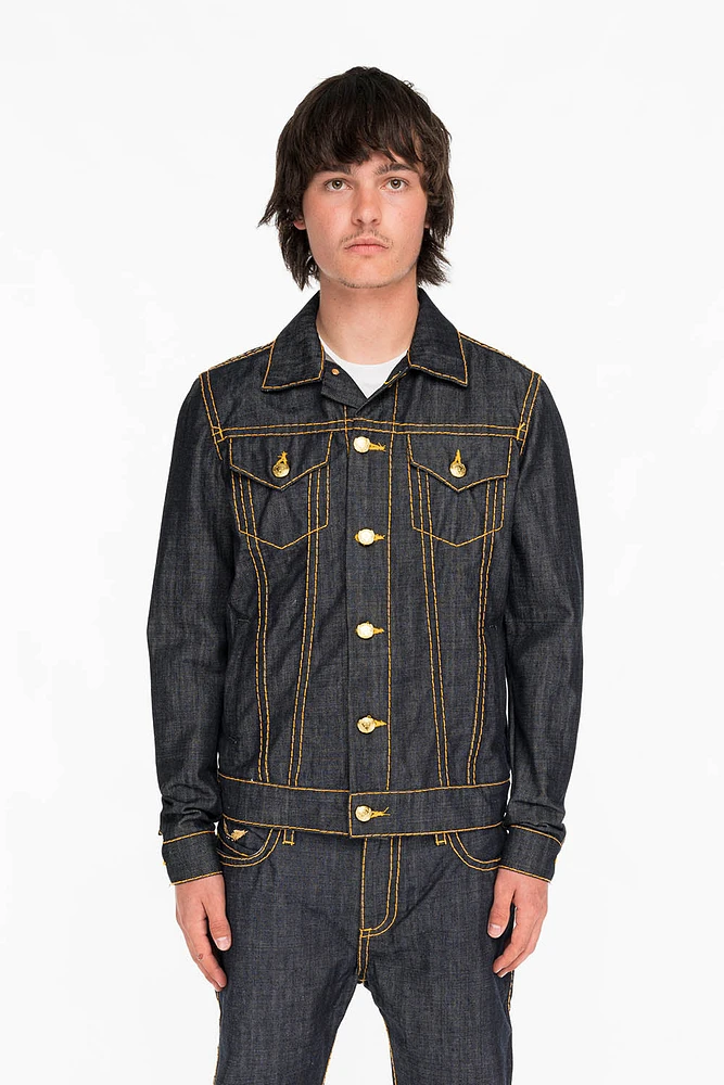 MENS DENIM JACKET RAW WITH HEAVY ORANGE STITCHING AND EMBROIDERED O.E. SCRIPT