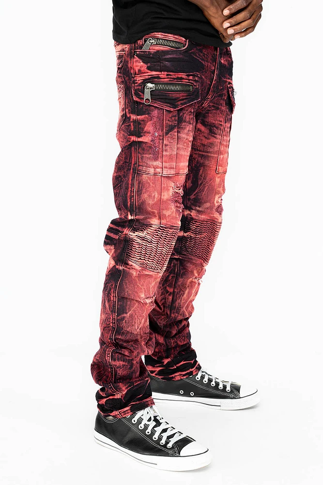 MILITARY/BIKER LONG FLAP MENS SKINNY JEANS RED YANKEE DESTROYED WASH