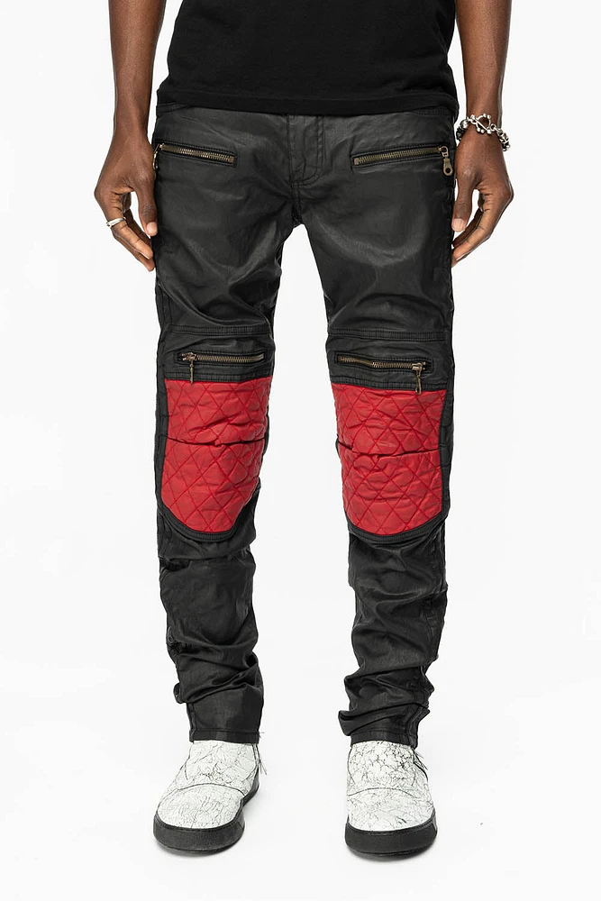 MENS BIKER JEANS DY FABRIC BLACK WASH WITH RED INSERTS