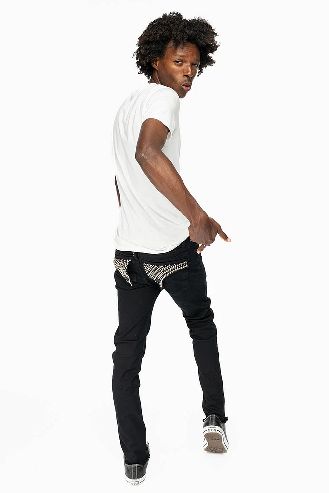 MENS LONG FLAP SKINNY JEANS PURE BLACK EMBELISHED WITH CRYSTALS AND SPIKE