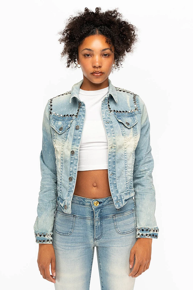 ROBIN'S JEAN DENIM JACKET 5D LIGHT BROKEN WASH WITH NICKEL STUDS AND CRYSTALS