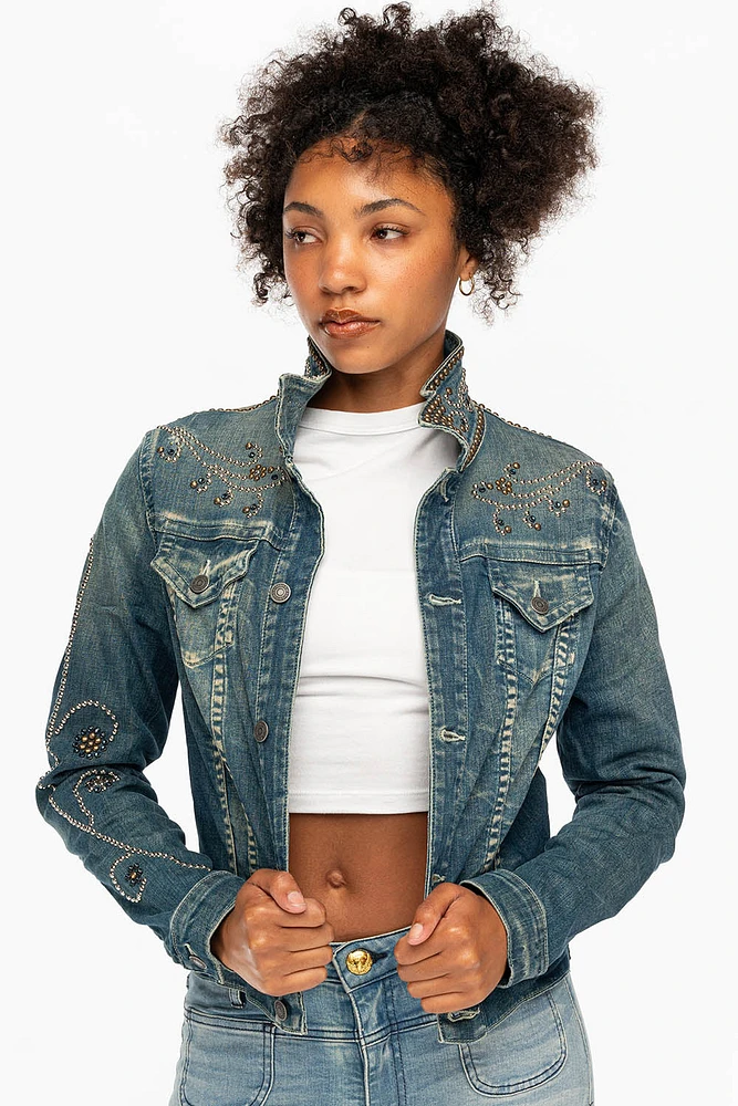 DENIM JACKET DIONE WASH FORGET ME NOT FLOWER CRYSTAL DESIGN