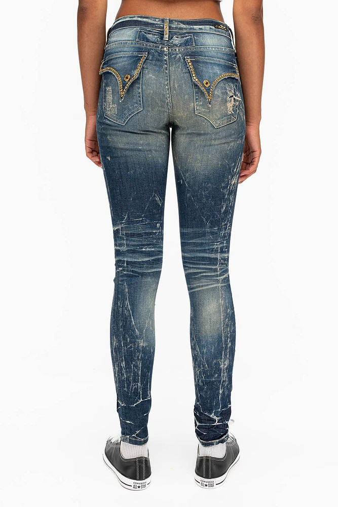 KILLER FLAP WOMENS RIPPED MID RISE SKINNY JEANS 4D DARK BROKEN WASH WITH CRYSTALS