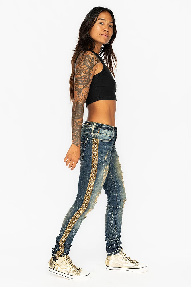 KILLER FLAP WOMENS RIPPED MID RISE SKINNY JEANS 4D DARK BROKEN WASH WITH EMBELLISHMENT