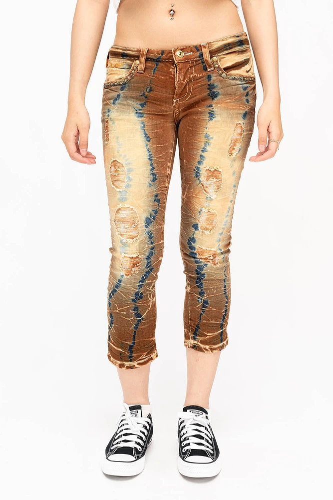 WOMENS RIPPED SKINNY CAPRI PANTS 4D LIGHT PERU WITH STUDS AND CRYSTALS