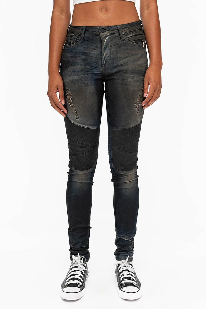 ROBIN'S WOMENS SKINNY MOTO JEANS TAR BROKEN