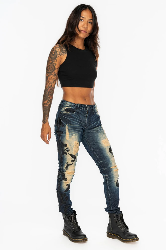 MID RISE WOMENS JEANS 5D DARK BROKEN BLUE WASH WITH BLACK EMBROIDERY