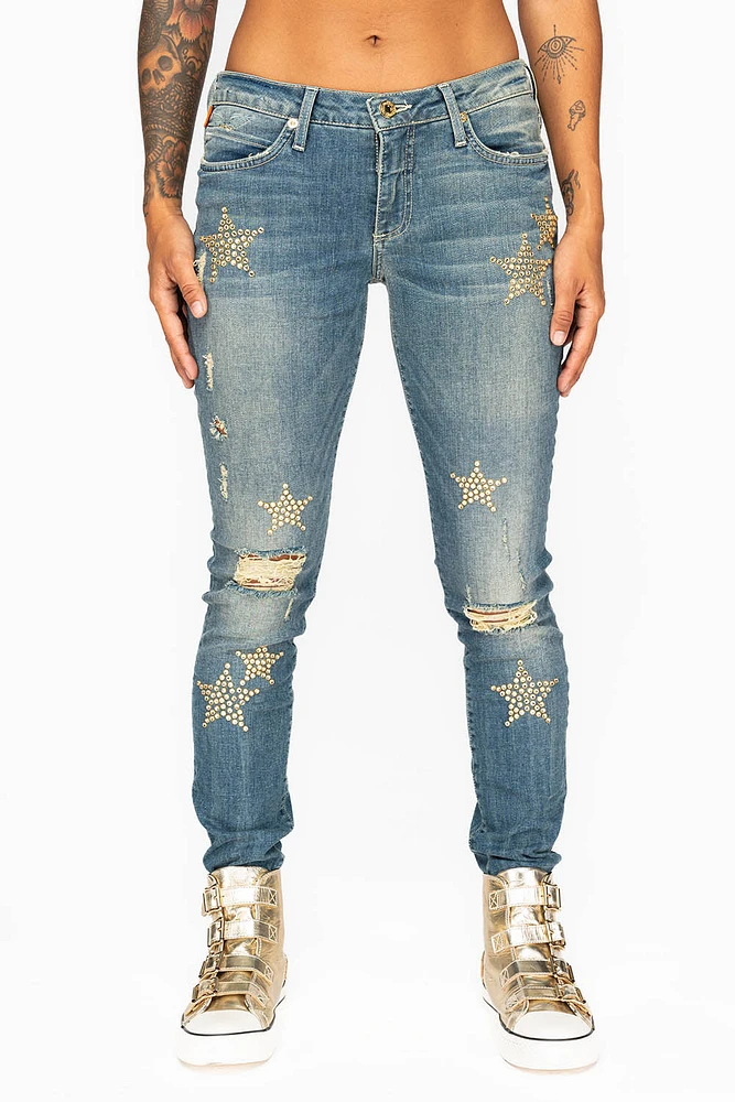 MIDRISE WOMENS SKINNY JEANS RIPPED BLUE WASH WITH CLEAR CRYSTAL STARS