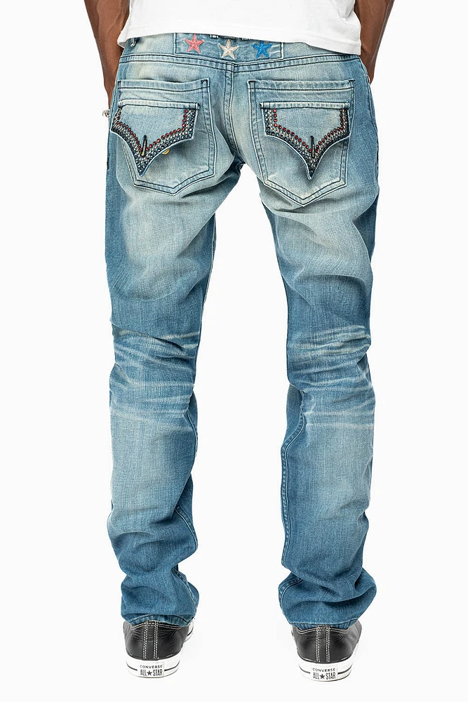 ROBINS RED LABEL LONG FLAP SLIM JEANS MEDIUM BLUE WASH WITH STUDS AND CRYSTALS