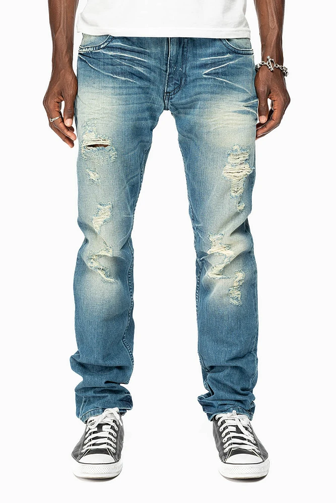 ROBINS RED LABEL LONG FLAP SLIM JEANS MEDIUM BLUE BROKEN WASH