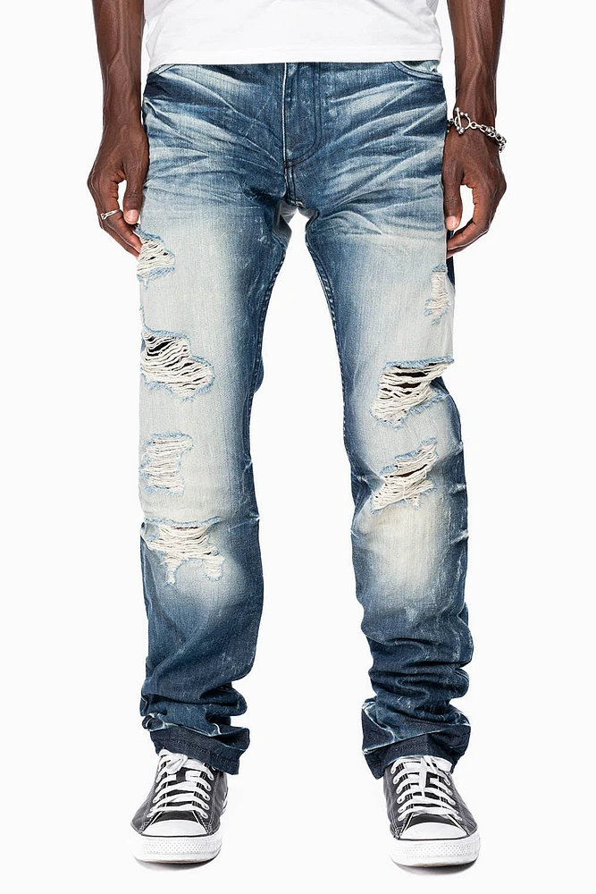 ROBINS RED LABEL LONG FLAP SLIM JEANS DARK BLUE BROKEN WASH
