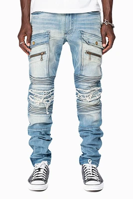 ROBINS RED LABEL MILITARY INSPIRED BIKER JEANS MEDIUM BLUE WASH