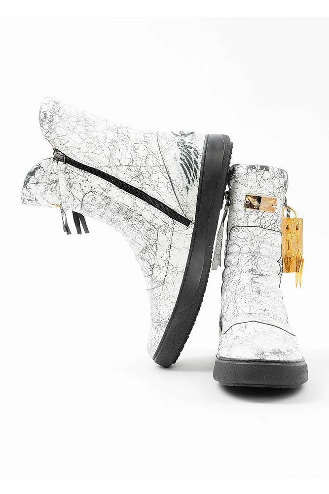 MENS HIGH TOP BIKER SHOES CRACKLED WHITE