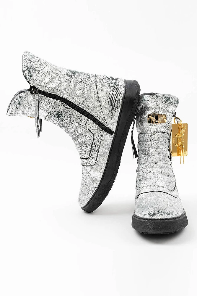 MENS HIGH TOP BIKER SHOES CRACKLED SILVER